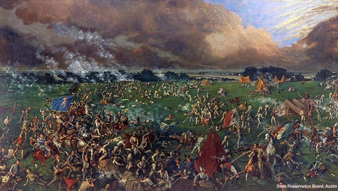The Battle of San Jacinto, oil on canvas by Henry McArdle, 1895. Battle of San Jacinto; Accession ID: CHA 1989.080; Courtesy State Preservation Board, Austin, TX; Original Artist: McArdle, Henry A.; / 1836-1908; Photographer: Perry Huston, 8/3/94, post conservation. © State Preservation Board, Austin, Texas.